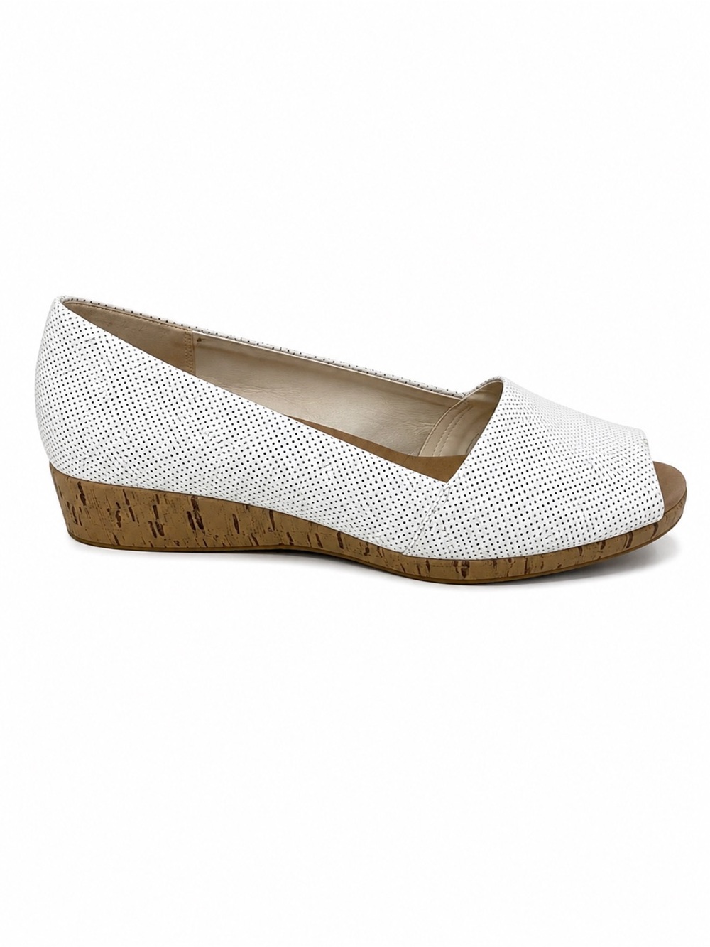 Aerosoles White Leather Perforated Peep Toe Wedge Flats 8W Wide Comfort Shoes